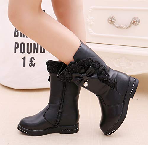 Dadawen Girl's Waterproof Lace Bowknot Side Zipper Fur Lined Tall Winter Boots (Toddler/Little Kid/Big Kid) Black Us Size 12.5 M Little Kid #TOP2