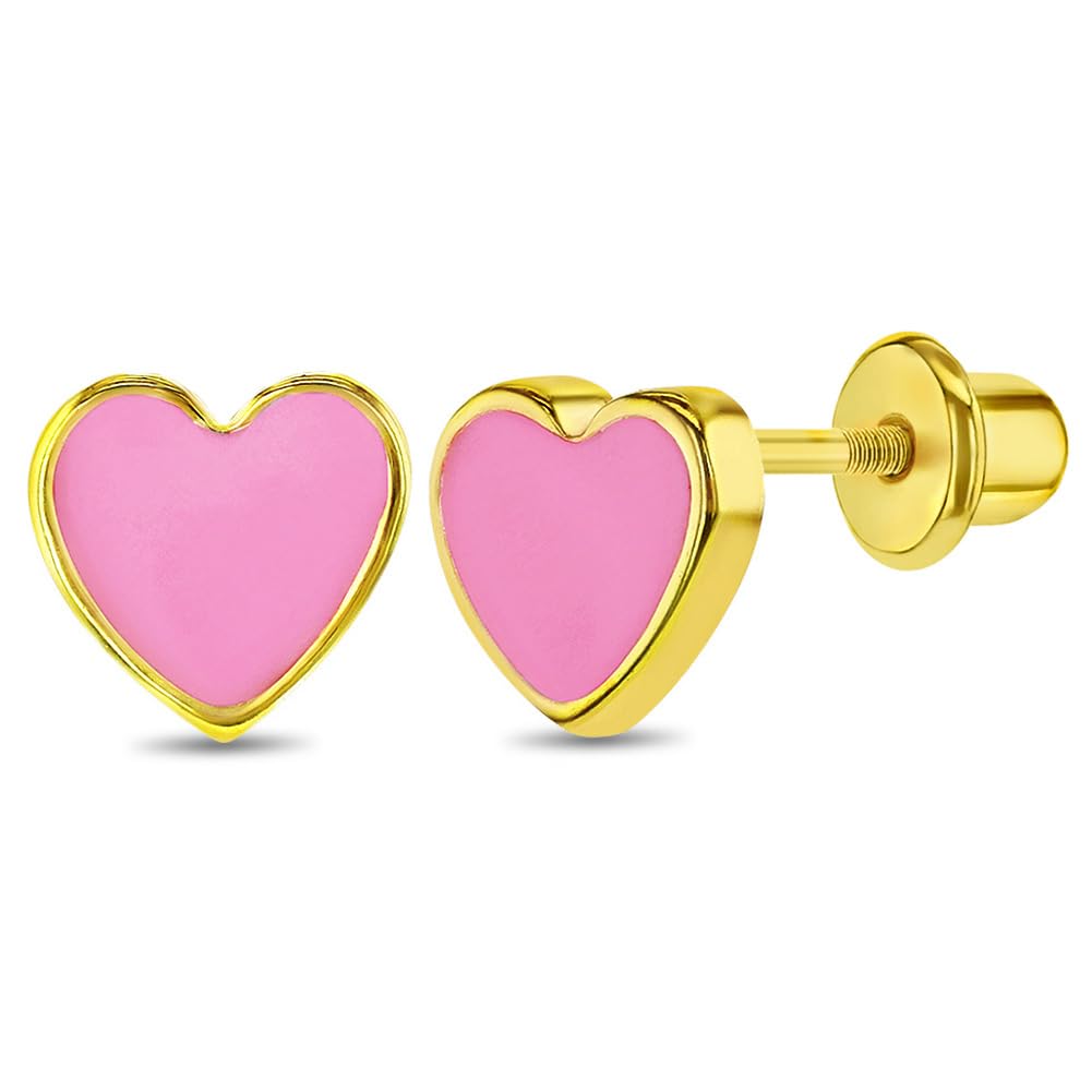 Pink Enamel Heart Kids Earrings - Gold-Plated Earrings for Girls with Safety Screw Backs - Safe & Comfortable for Toddlers, Kids & Little Girls