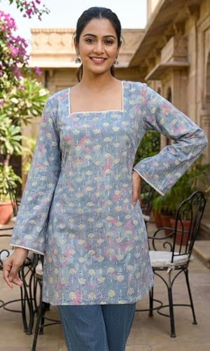 Image of Sun Fashion And Lifestyle Cotton Blend Printed Straight Short Length Kurti for Women | Short Kurti for Women | Ladies Ethnic Tunic | Bell Sleeve Short Kurti | Corset Back Kurti | Short Tunic Top