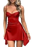 Memoriesea Women's Satin Sleeveless Spaghetti Strap Ruched Sexy Mini Club Party Dress Red