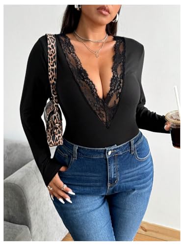 SOLY HUX Women's Plus Size Contrast Lace Deep V Neck T Shirt Long Sleeve Slim Fit Tee Top3