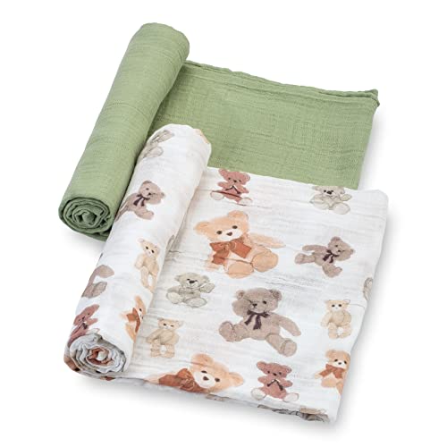Image of LollyBanks Muslin Swaddle Blankets for Boys and Girls, 47 x 47 Inches Soft Swaddles for Newborns, Breathable and Lightweight 100% Cotton Baby Blanket, Baby Essentials, Registry (Teddy Bear 2 Pack)
