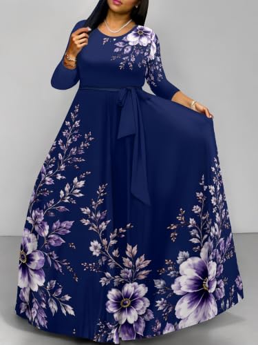Image of Women Plus Size Long Sleeve V Neck Maxi Dress with Belt | Soft fabric relaxed fit three quarter sleeve v neck with pockets for party and daily wear