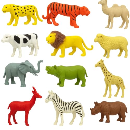 Image of 12 Pcs Small Size Unbreakable Wild Animals Toy Set for Kids | Jungle Safari + Domestic Farm Animal Figures | Educational Learning Playset for Boys & Girls Age 3+ | Animal Figurines for Kids Gift
