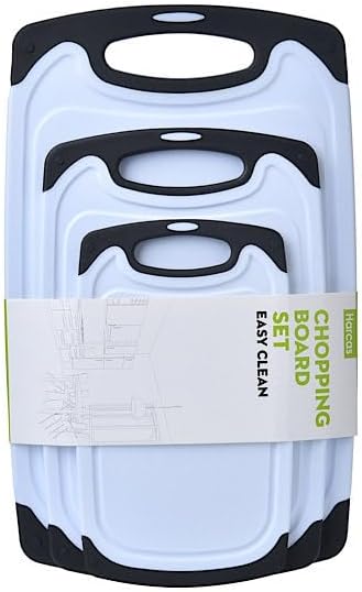 Harcas 3 Piece Plastic Chopping Board Sets for Kitchen. Best for Cutting & Slicing Fruit, Vegetables & Meat. Non-Slip with Juice Groove & Dishwasher Safe (Black)