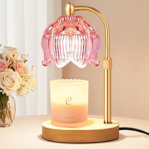 Cinsenten Adjustable Flower Candle Warmer Lamp with Timer, Mothers Day Gifts for Women Mom, Lotus Tulip Glass Warmer Light for Jar Candles, Electric Wax Warming Melter, Vintage Bedroom Decor (Pink)