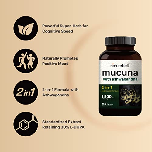 Mucuna Pruriens Capsules, Triple Strength 1500Mg Per Serving, 2 In 1 Formula, Made With Mucuna And Ashwagandha, 240 Capsules, 30% Natural L-Dopa For Positive Mood, Relaxation & Restoration #TOP2