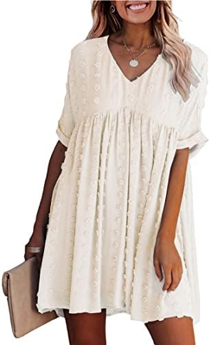 KIRUNDO Womens Summer Dresses 2023 Casual V Neck Short Sleeve Swiss Dot Ruffle Loose Flowy Mini Babydoll Dress