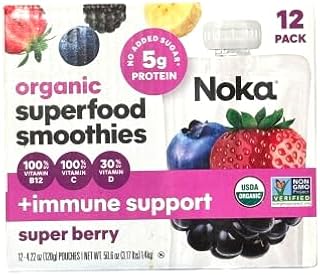 Noka Organic Superfood Fruit Smoothie Pouches – Super Berry (12 Count) | Vegan, Gluten-Free, Dairy-Free, No Added Sugar | Plant Protein & Flax Seed Healthy Snack