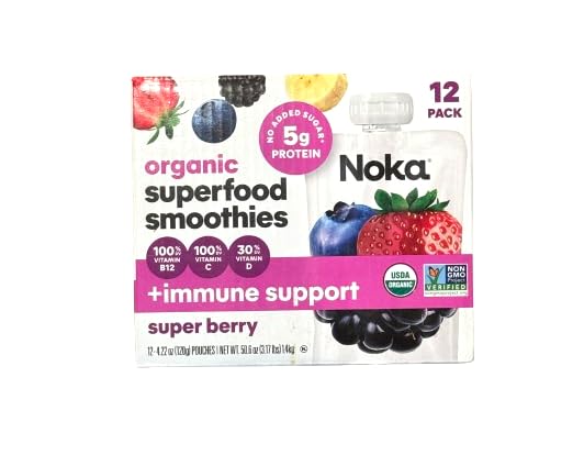 Noka Organic Superfood Fruit Smoothie Pouches Super Berry, Healthy Snacks with Flax Seed, Plant Protein, Vegan and Gluten Free Nop Added Sugar Vegan Dairy Free Kosher (12 Count)