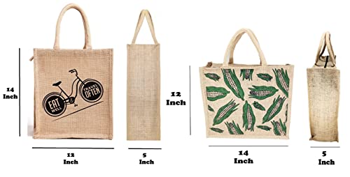 Image of Cycle & Corn Design Jute Bag with Zip Closure | Tote Lunch Bag | Multipurpose Bag (6)