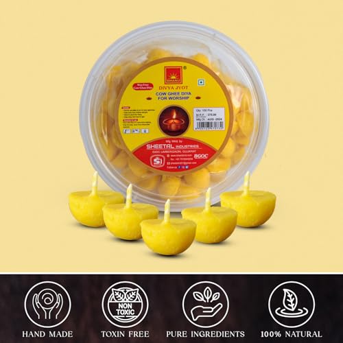 Image of BHANU Pure Cow Ghee Diya for Pooja, Festivals (100 Pieces) | Readymade Ghee Diya Batti | Easy to use & Long Lasting Ghee Diya Wicks | Wax Free Batti for Pooja, Festivals & Religious Rituals