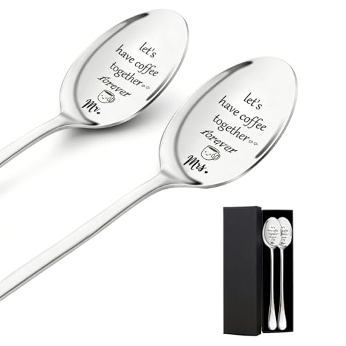 Mitibet Wedding Gifts 2 Pcs Coffee Spoons Anniversary Idea for Couple 11th Steel Wedding Anniversary Unique Small 21st 45th Iron Tin Silk Silverware Love Spoons to Husband and Wife His and Hers