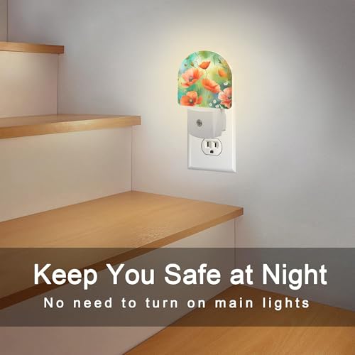 Image of Watercolor Red Poppies Flower Night Light, Abstract Colorful Floral Dusk to Dawn Night Light Plug in,0.5w Energy Saving Sleep Friendly NightLight for Kids Boys Girls Home Decor