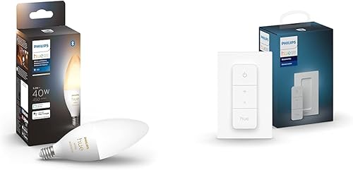 Philips Hue Bombilla LED White Ambiance E12 e interruptor de atenuación inteligente con control remoto, enciende las luces de tono, apaga, atenúa o