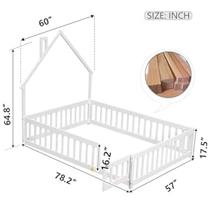 Full Size Montessori Floor Bed for Toddlers 1 3 Wooden Kids Floor Bed Frame with Fence Gate Door for Girls Boys House Shaped Headboard Without Slats White
