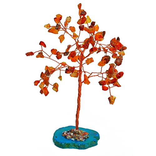 Image of REMEDYWALA Charged Energized Red Carnelian Crystal Tree with Agate Slice Base for Reiki Healing, Red Carnelian Stones Crystal Tree 100 Beads