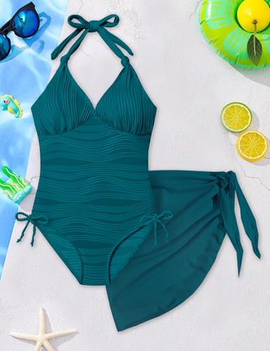 Girls One Piece Swimsuits Halter Strapless Bathing Suit for Girls Side Drawstring Ripple Girl Swimwear with Cover Up4