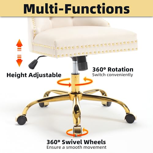 ABET Desk Chair with Wheels, Velvet Gold Office Chair Armless Swivel Chair with Tufted High Back Rivet Trim, Comfy Upholstered Ergonomic Computer Chair for Bedroom, Beige - Thumbnail 5