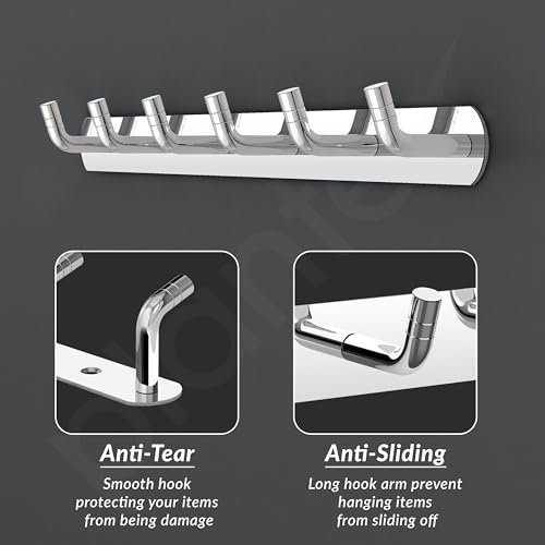 Image of Plantex Wall Hooks for Hanging Cloth /Stainless Steel Towel Hangers /Bathroom Robe Hooks /Door Hangers /Wall Hook Rack /Hook Rail for Hanging Keys - 6 Hooks (Pack of 3, Chrome)