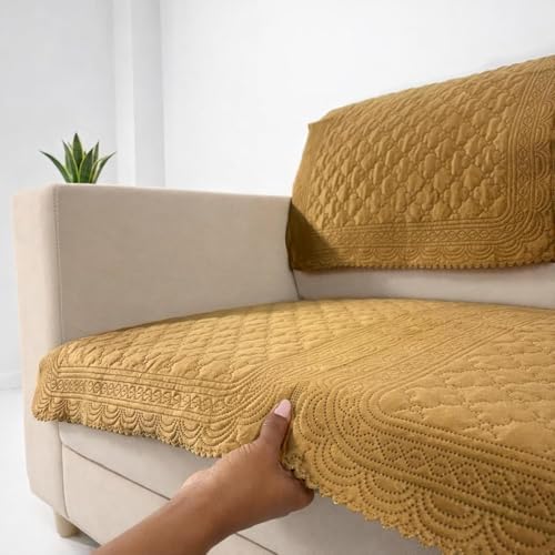 Image of Homerz Premium Petal Charm Sofa Cover | Embossed Floral Pattern | Soft Touch, Anti-Dust & Easy Wash Fabric Cloth, Washable and Durable (Mustard, 6(3+2+1) Seater, Seat Cover with Backrest)