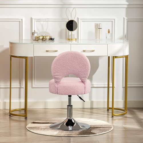 Image of Adjustable Small Vanity Chair with Folding Back for Makeup | 360 Swivel Vanity Stool for Dressing Room | Comfy Teddy Ottoman Stool for Bedroom | Large | Pink