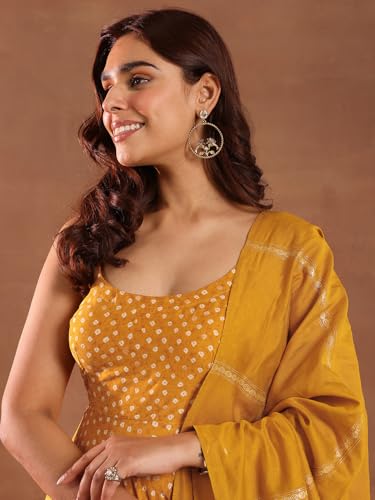 Image of Libas Mustard Bandhani Printed Anarkali Padded Kurta and Solid Churidar with Woven Design Dupatta | Ethnic wear | Bridal Suit | Occasion wear