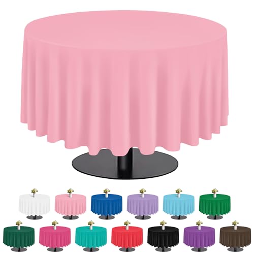 Image of tujol Pink 6 Pack Plastic Table Cloth 84 inch, Disposable Round Tablecloth Table Cover, Plastic Tablecloths for Parties