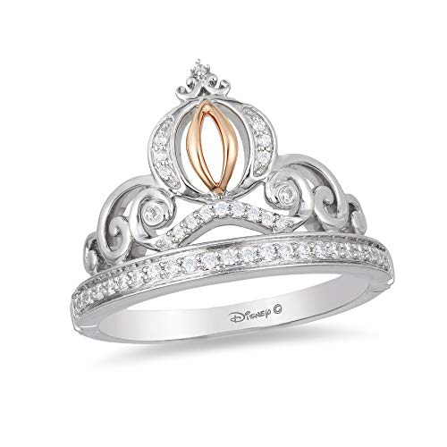 Jewelili Enchanted Disney Fine Jewelry Sterling Silver and 10K Rose Gold 1/6 CTTW Cinderella Tiara Ring