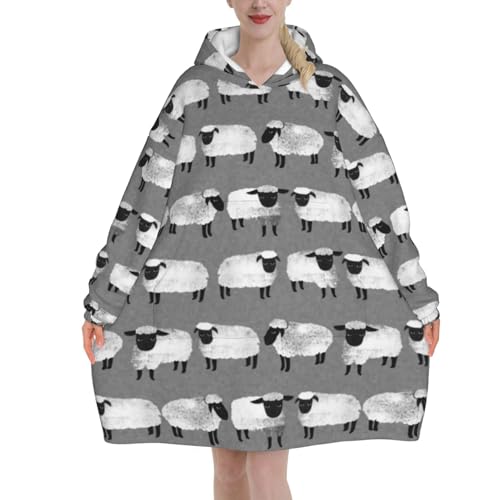 Pull-over flanelle oversize à capuche imprimé moutons pour adulte