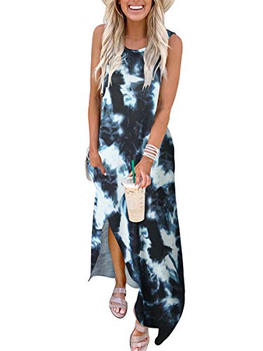 Anrabess Casual Tie Dye Maxi Dress Crew Neck Sleeveless Loose T Shirt Long Dress With Pockets A19Huilanbai-Xl #TOP2