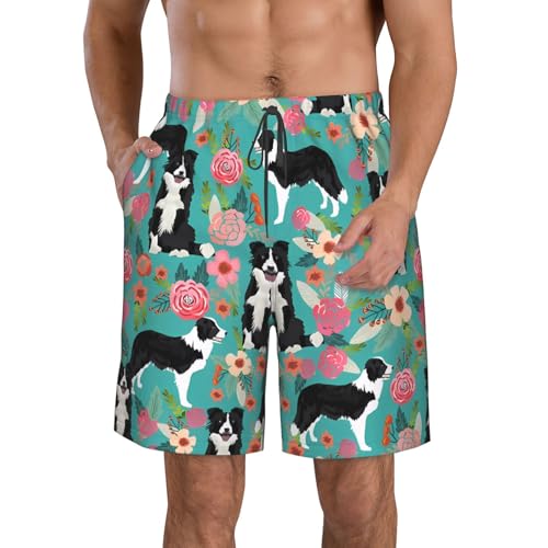 Border Collie Florals Men's Swim Trunks Quick Dry Board Shorts with Pockets Casual Drawstring Beach Shorts