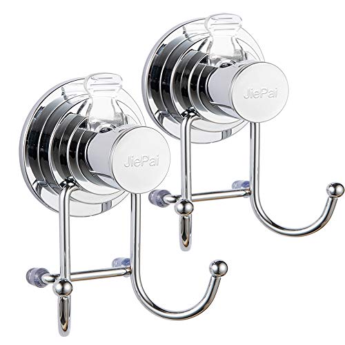 JiePai Lot de 2 Crochets à Serviettes à Ventouse pour Salle de Bain/Cuisine, en Acier Inoxydable pour Serviettes, Peignoirs, Manteaux, Sacs One Size Suction Cup Towel Hook(2 Packs)-Chrome Cover
