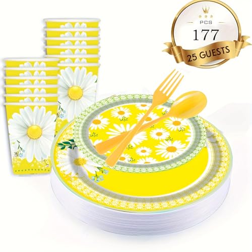 PAMMYAN Yellow Daisy Flower Plate - Spring Dessert Paper Plates, Boho Wildflower Daisy Floral Paper Plates, Napkins Cups Plastic Forks Knives Spoons for Office Birthday Tea Party by PAMMYAN - Used condition - Image 4