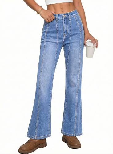 Astylish Women's High Rise Wide Leg Bootcut Jeans Slanted Pockets Retro Straight Leg Zimbaplatinum Denim Pants Beau Blue 18