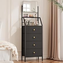 HIGDBFE 4-Drawer Dresser with Mirror, Vanity with 2-Tier Shelves, Fabric Chest of Drawers for Small Space, Vertical Storage Cabinet for Bedroom, Nightstand Bedside Table Furniture, Black, 15.3" W