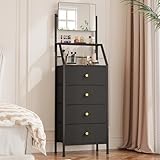 HIGDBFE Dresser with Mirror, 4 Drawers Dresser with 2-Tier Shelves, Freestanding Fabric Chest of Drawers for Small Space, Tall Narrow Nightstand Vanity for Bedroom, Hallway, Dorm, Black, 15.3