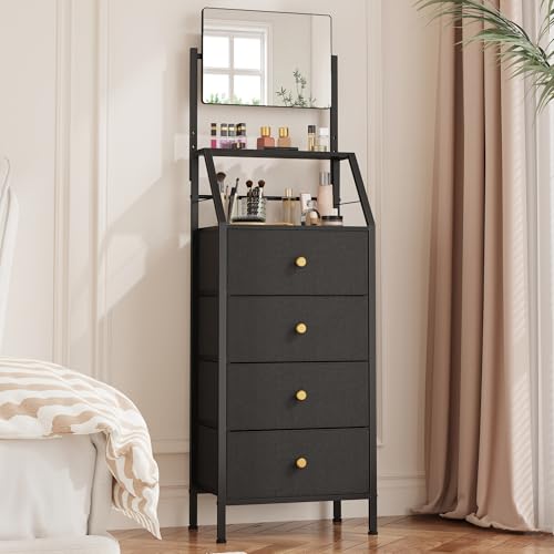 HIGDBFE Dresser with Mirror, 4 Drawers Dresser with 2-Tier Shelves, Freestanding Fabric Chest of Drawers for Small Space, Tall Narrow Nightstand Vanity for Bedroom, Hallway, Dorm, Black, 15.3