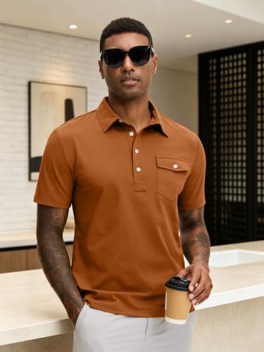 JEMLDL Mens Summer Shirts 4 Buttons Casual Vacation T Shirts Quick Dry Short Sleeve Golf Tops Outdoor Performance Rosy Brown XXL — view 3