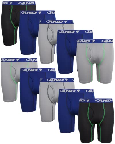 And1 Boys' Underwear - Long Leg Performance Compression Boxer Briefs, Functional Fly (10 Pack), Size Medium, Blue/Grey/Blue/Black #TOP6