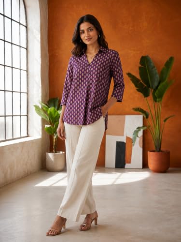 Image of Pure Cotton Long Hemline Shirt for Women Beautiful Printed Collared Neck Casual Western Shirt Top Formal Office Wear