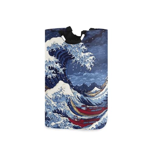 Ttgoth Wave Red Boats - Cesta de lavandería plegable grande con asas, cesta de lavado plegable, organizador de ropa para dormitorio, dormitorio, baño