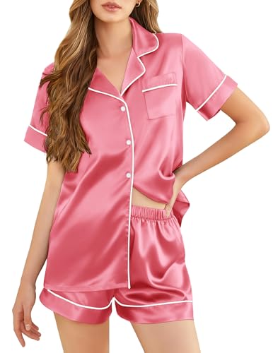 Image of Silk Pajamas for Women Short Sleeve Sleepwear Soft Button Down Loungewear 2 Piece Satin Pjs Shorts Set S-XXL