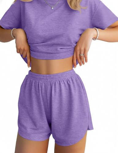 Image of JUSTFASHIONNOW Womens Pajama Sets Shorts Striped Print Two Piece Lounge Sets Crew Neck Sleepwear Split Shorts Set Soft Pjs