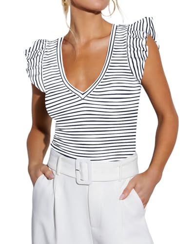 Ezbelle Womens Summer Crop Tank Top Ribbed Knit Sleeveless Sexy Slim Fit Ruffle Shirt Fashion Going Out Ladies Clothes NavyWhite XL