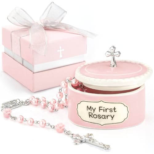 Baptism Gifts for Girl - My First Rosary with Ceramic Keepsake Box, Catholic Christening Gift Set, Pink Rosary for Kids, Baptism, First Communion &...