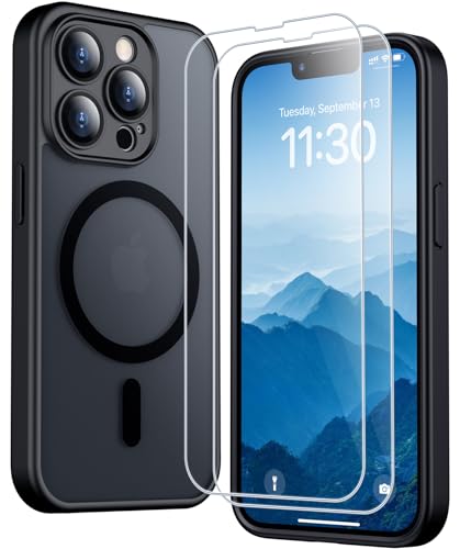 SPIDERCASE for iPhone 13 Pro Max Case, Magnetic Translucent Matte Case with 2PCS Tempered Glass Screen Protector Slim Phone Case for iPhone 13 Pro Max 6.7'', Black
