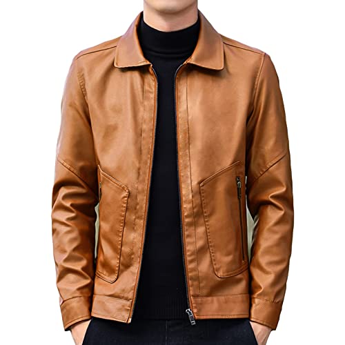 Maiyifu-GJ Men's Lapel Faux Leather Jacket Casual Slim Fit Motorcycle Jackets Lightweight Vintage Pu Outwear Coat (Yellow,XX-Large)