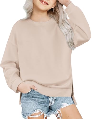 Image of Arshiner Girls Crewneck Sweatshirt Long Sleeve Pullover Tops Drop Shoulder Sweatshirts Side Split