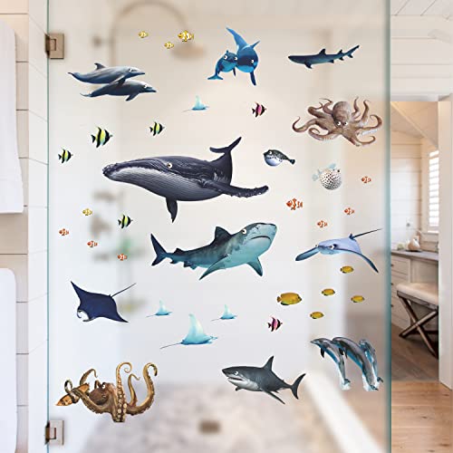 Ocean Wall Decals 39 Pcs Under The Sea Wall Stickers, Sea Fish Wall Decals Whale, Shark, Squid, Dolphin Wall Stickers For Kids Room Nursery Classroom Bathroom #TOP2